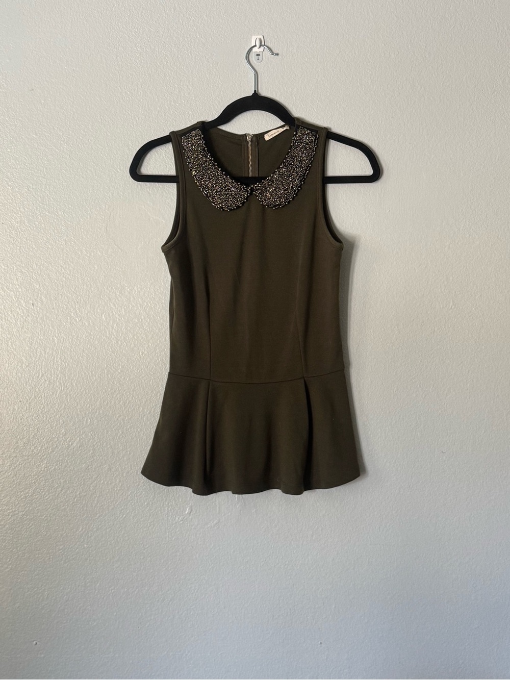 Soprano Olive Green Sleeveless Peplum Top with Beaded Collar - Size Small